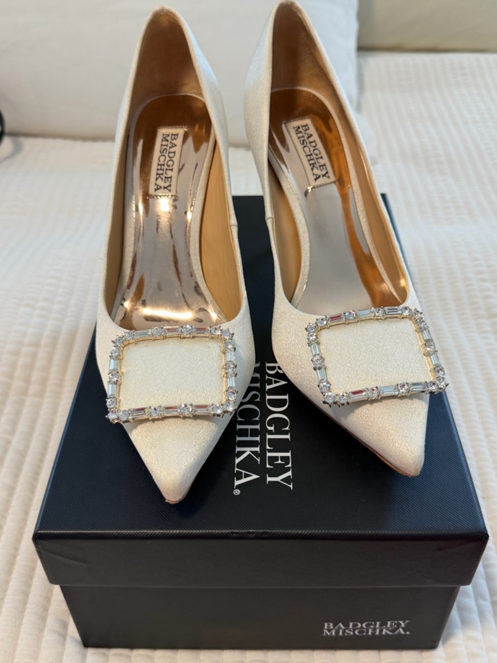Badgley Mischka Ivory Crystal Buckle Pointed Toe Pumps